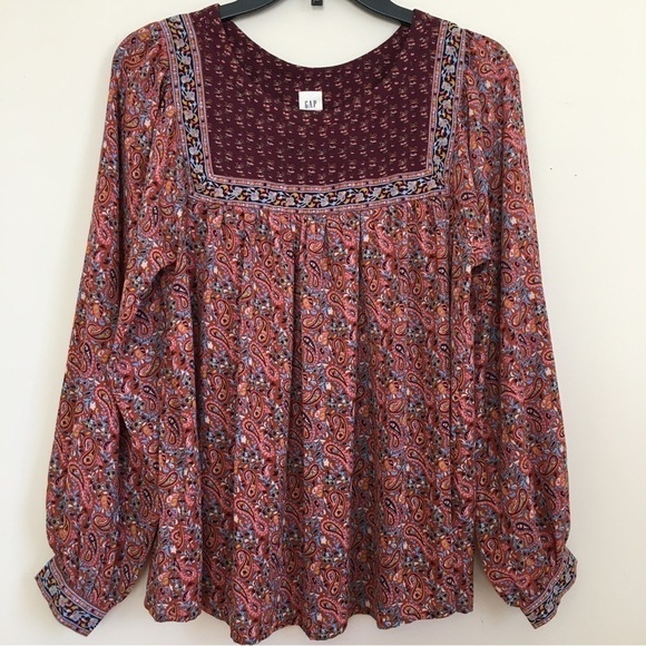 Gap Boho Burgundy paisley top long sleeve crew neck Relaxed Fit blouse - Picture 2 of 16